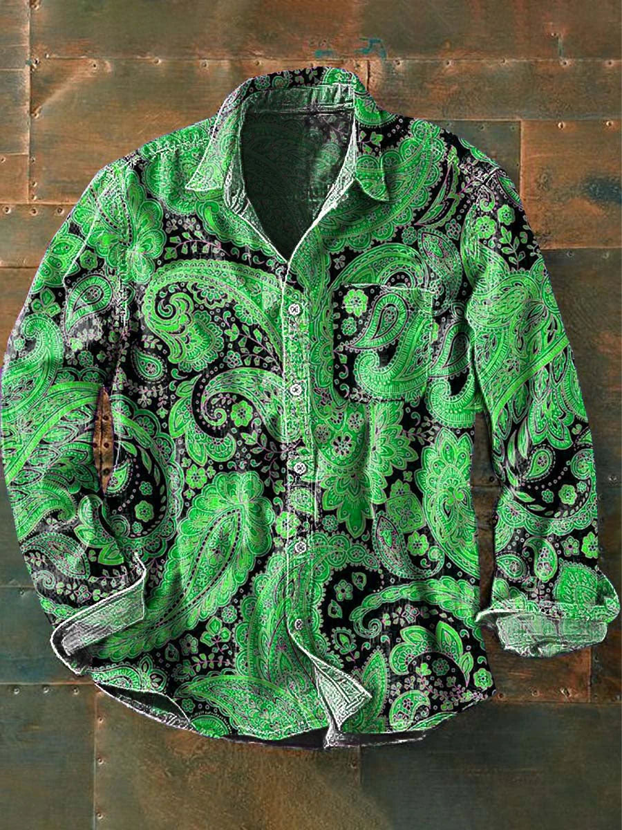 Men's Vintage Cashew Flower Print Casual Lapel Long Sleeve Shirt