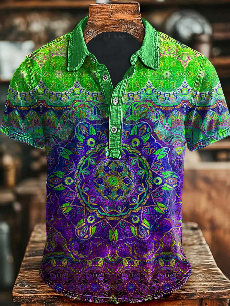 Vintage Art Abstract Colorful Floral Print Casual Polo Shirt