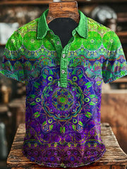 Vintage Art Abstract Colorful Floral Print Casual Polo Shirt