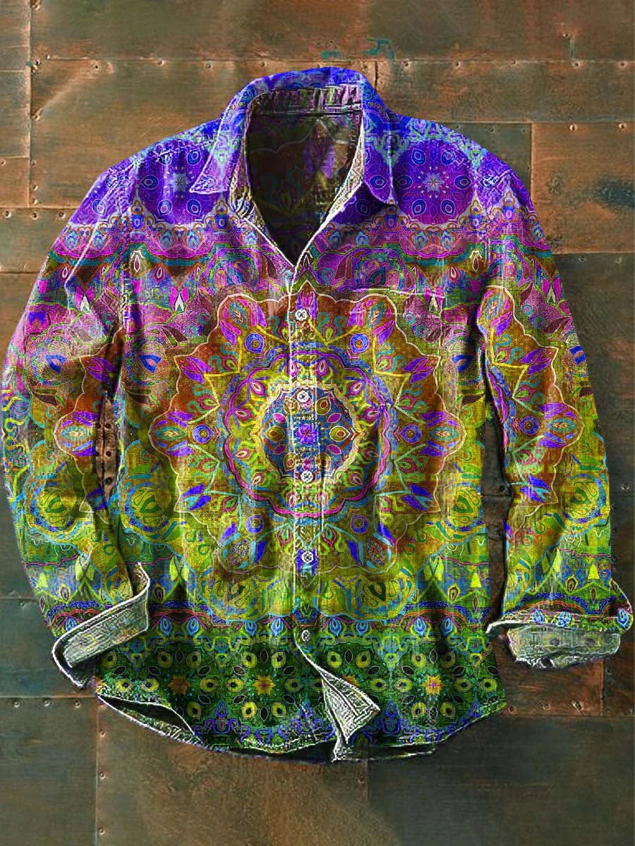 Men's Colorful Vintage Floral Print Casual Lapel Long Sleeve Shirt
