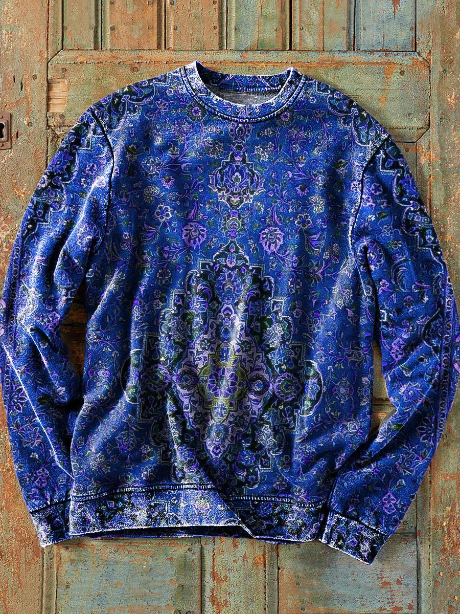 Men's Retro Ethnic Floral Art Print Cotton Crew Neck Sweatshirt