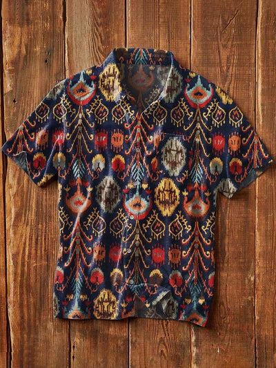 Men's Vintage Western Pattern Print Casual Short Sleeve Lapel Shirt