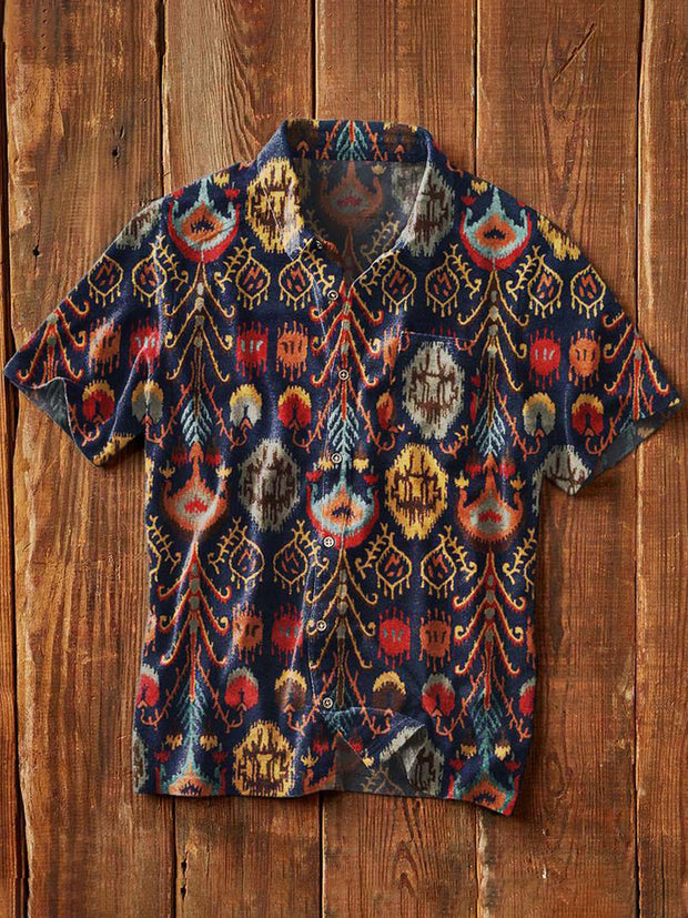 Men's Vintage Western Pattern Print Casual Short Sleeve Lapel Shirt