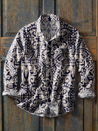 Men's Retro Ethnic Print Casual Lapel Long Sleeve Shirt