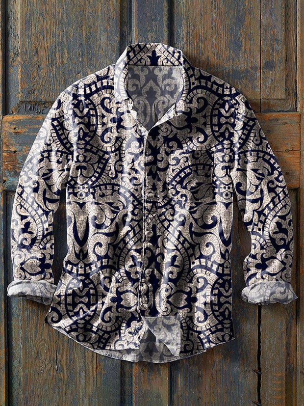 Men's Retro Ethnic Print Casual Lapel Long Sleeve Shirt