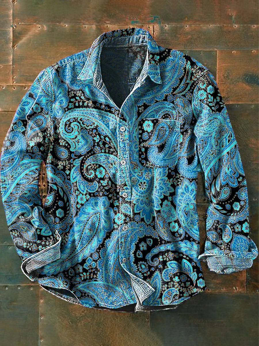 Men's Vintage Cashew Flower Print Casual Lapel Long Sleeve Shirt