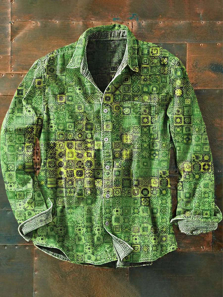 Men's Vintage Gradient Plaid Printed Casual Lapel Long Sleeve Shirt