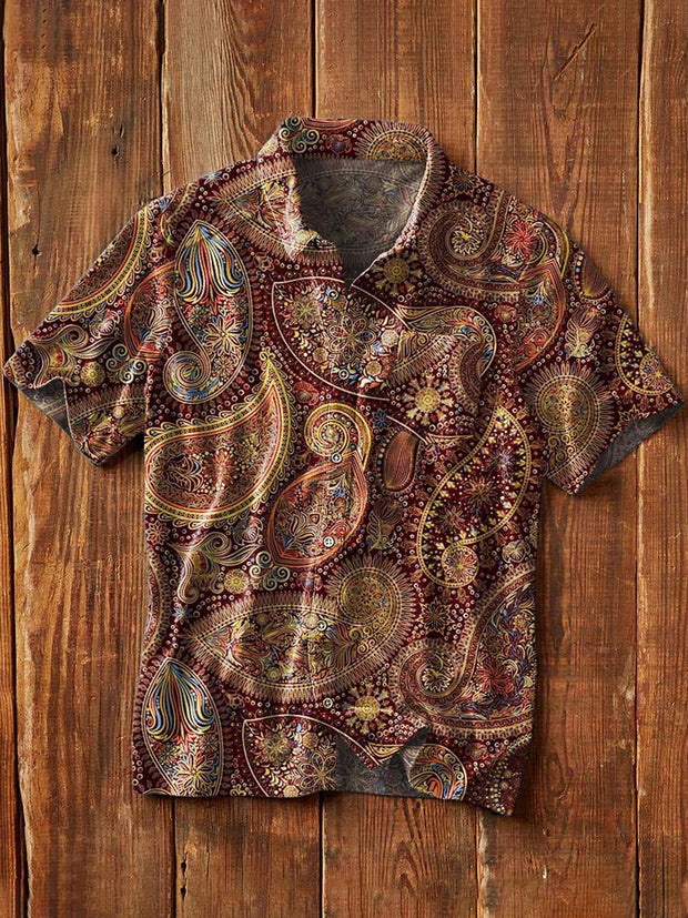 Men's Vintage Cashew Flower Pattern Printed Casual Short Sleeve Lapel Shirt