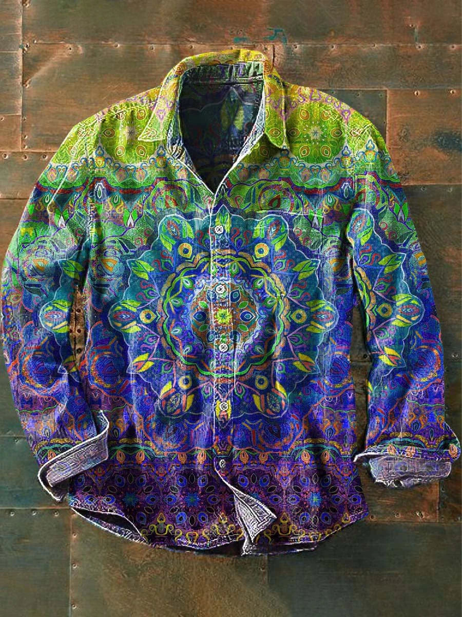 Men's Colorful Vintage Floral Print Casual Lapel Long Sleeve Shirt