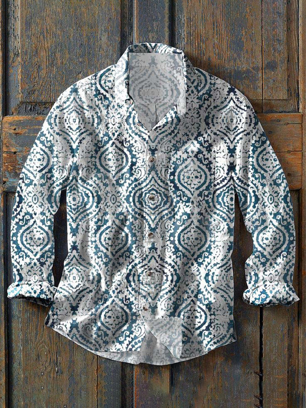 Men's Western Print Casual Lapel Long Sleeve Shirt