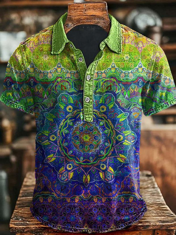 Vintage Art Abstract Colorful Floral Print Casual Polo Shirt
