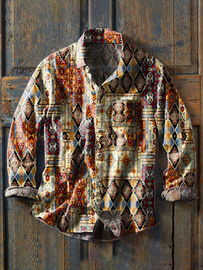 Men's Western Print Casual Lapel Long Sleeve Shirt