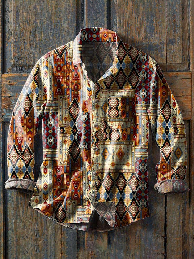Men's Western Print Casual Lapel Long Sleeve Shirt