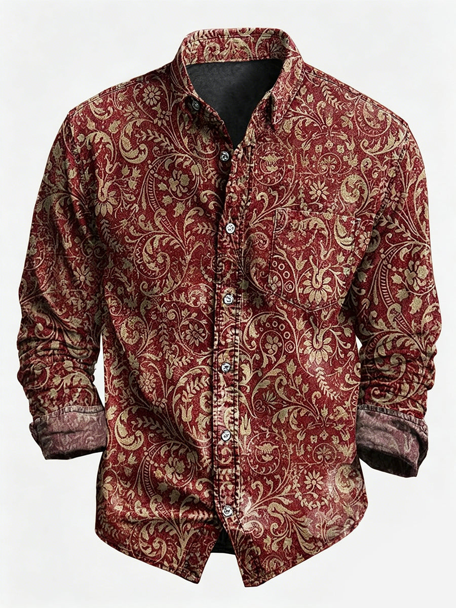 Vintage Floral Print Casual Long Sleeve Shirt