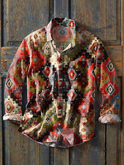 Men's Western Print Casual Lapel Long Sleeve Shirt