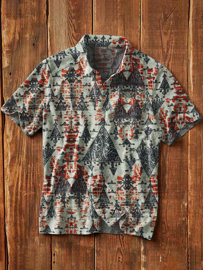 Men's Vintage Western Pattern Print Casual Short Sleeve Lapel Shirt