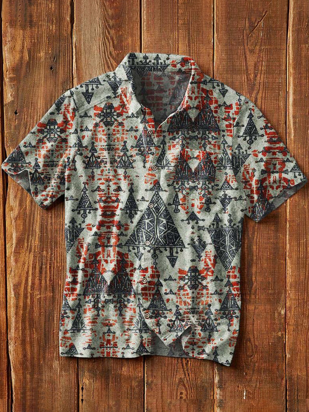 Men's Vintage Western Pattern Print Casual Short Sleeve Lapel Shirt