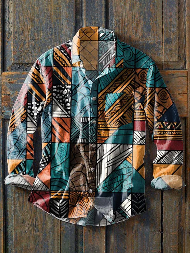 Men's Retro Ethnic Print Casual Lapel Long Sleeve Shirt
