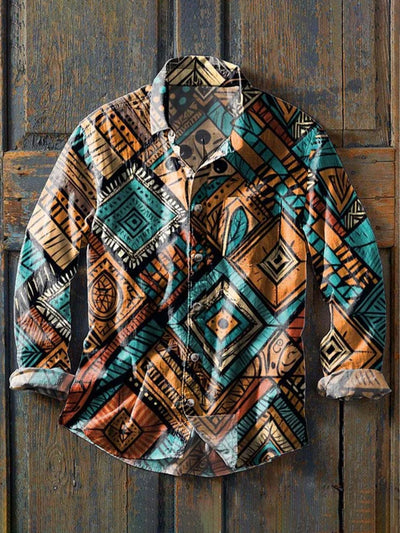 Men's Retro Ethnic Print Casual Lapel Long Sleeve Shirt
