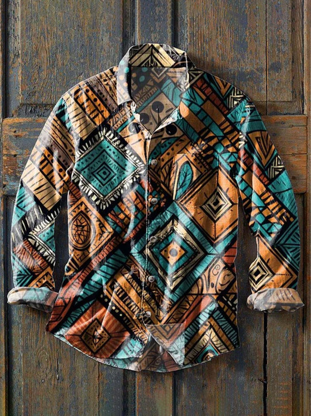 Men's Retro Ethnic Print Casual Lapel Long Sleeve Shirt