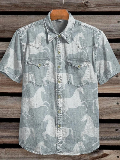 Grayish Blue and White Vintage Horse Print Casual Shirt