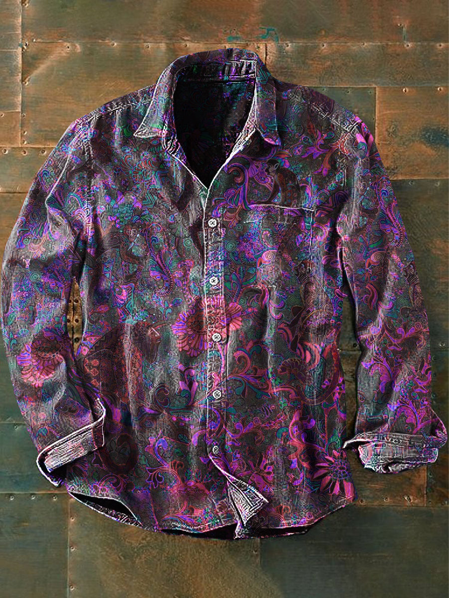 Unisex Men's Vintage Floral Pink Flower Abstract Print Casual Long Sleeve Shirt
