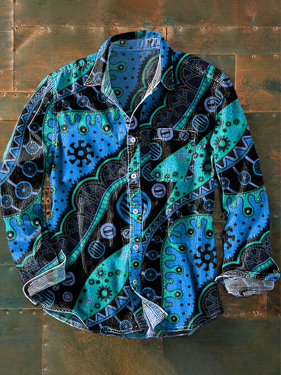 Unisex Vintage Irregular Geometric Wave Art Print Cotton Lapel Long Sleeve Pocket Shirt