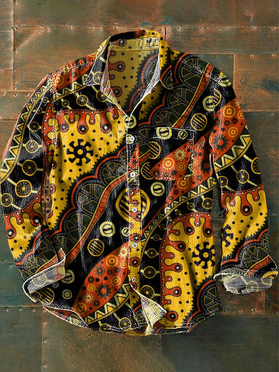 Unisex Vintage Irregular Geometric Wave Art Print Cotton Lapel Long Sleeve Pocket Shirt