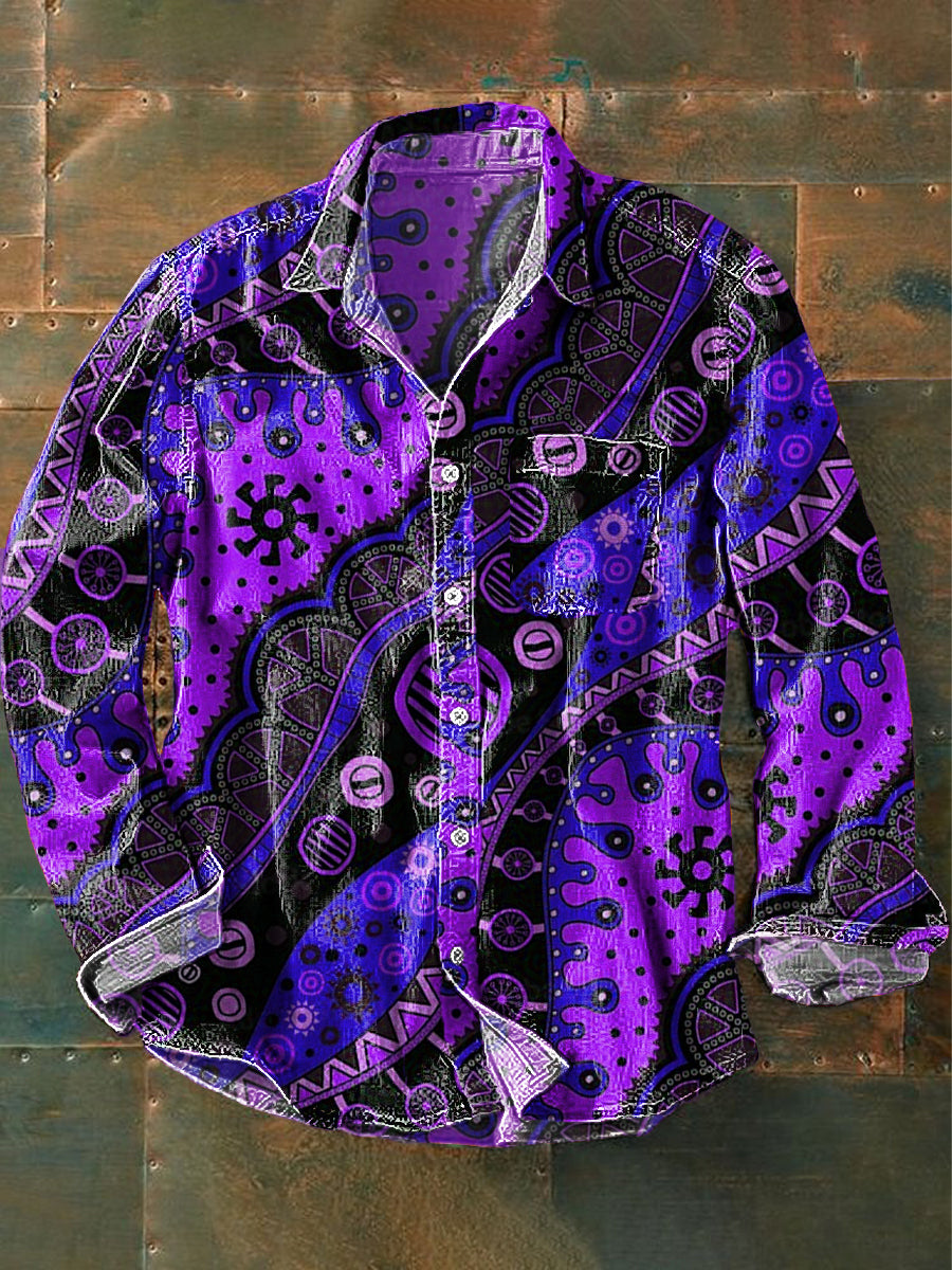 Unisex Vintage Irregular Geometric Wave Art Print Cotton Lapel Long Sleeve Pocket Shirt