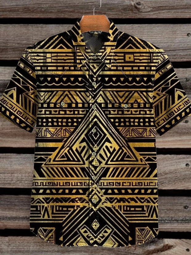 Vintage Black Gold Aztec Style Stripe Print Casual Shirt