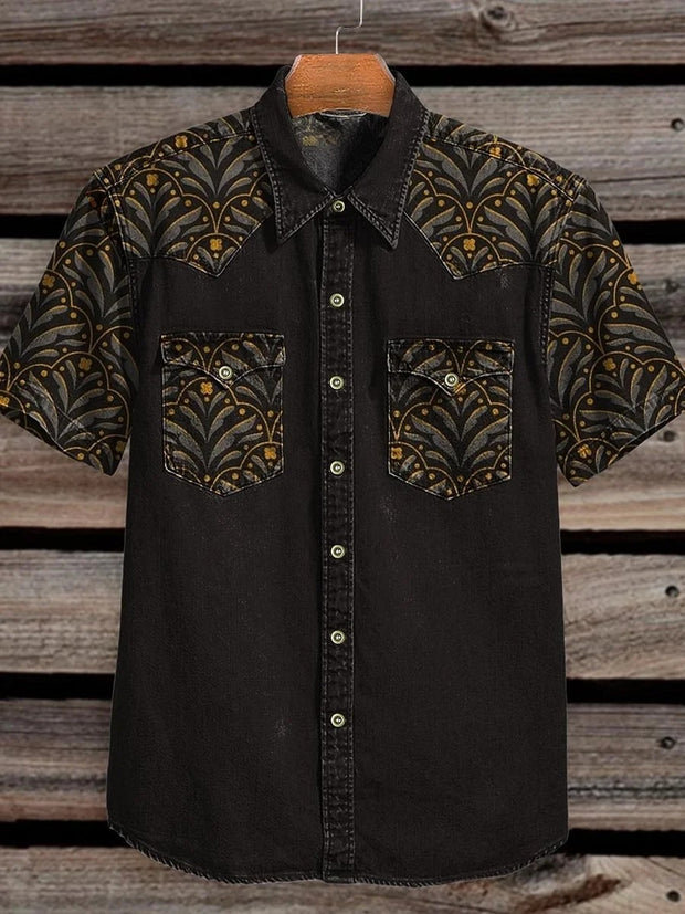 Vintage Black Plane Gilt Plant Print Casual Shirt