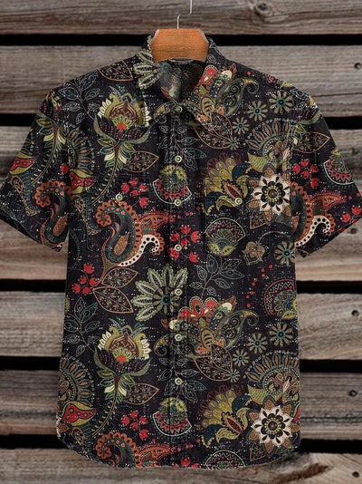 Vintage Black, Complex Colorful Flowers Print Casual Shirt
