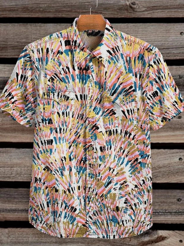 Vintage Color Seamless Stitching Graffiti Print Casual Shirt