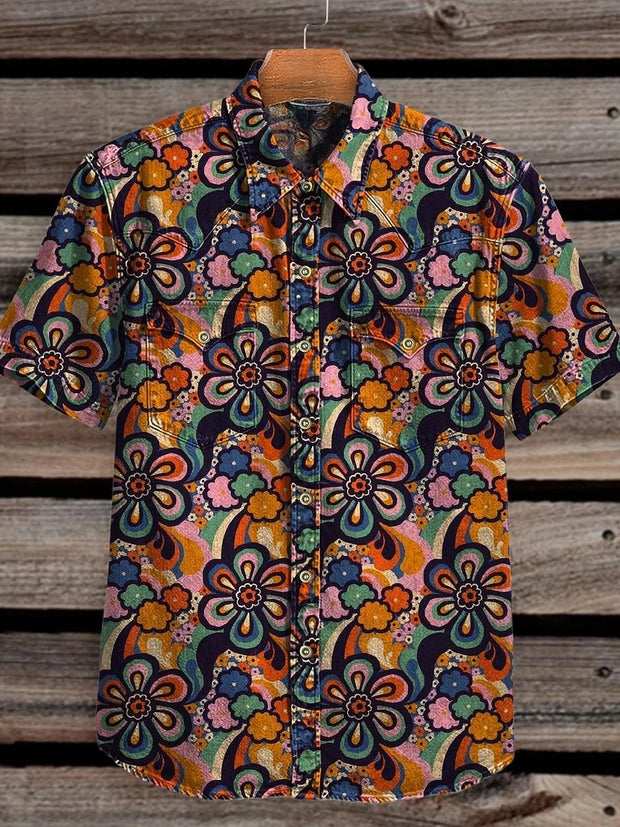 Vintage Colorful Seamless Pattern Flowers Print Casual Shirt
