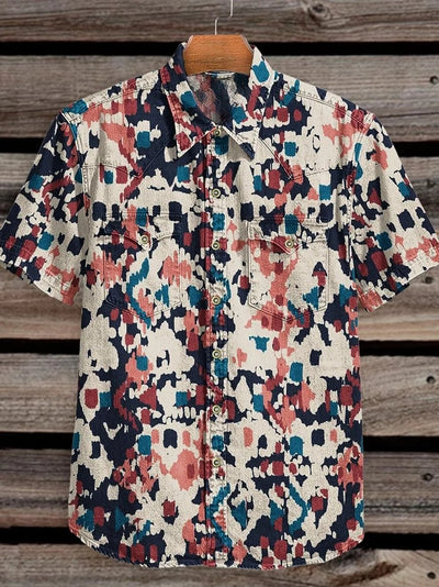 Vintage Red, Blue and White Seamless Stitching Graffiti Print Casual Shirt