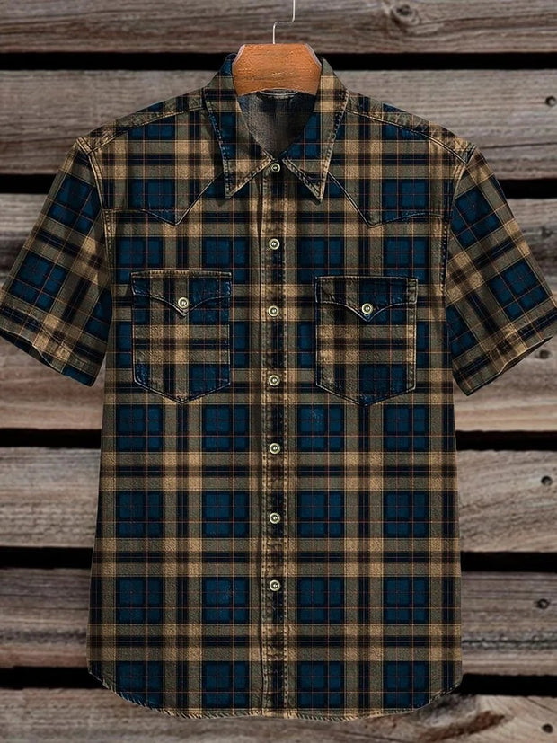 Vintage Blue Plaid Yellow and Black Stripes Print Casual Shirt