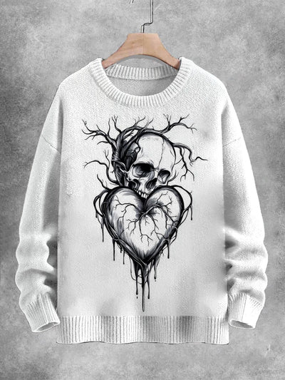 Unisex Vintage Punk Skull Heart Printed Round Neck Retro Fashion Loose Long Sleeve Sweater