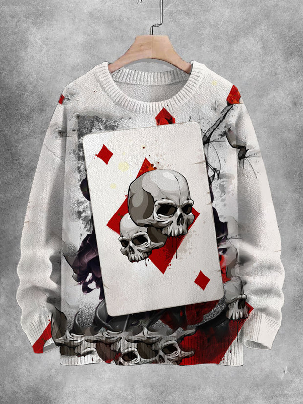 Unisex Vintage Punk Skull Poker Printed Round Neck Retro Fashion Loose Long Sleeve Sweater