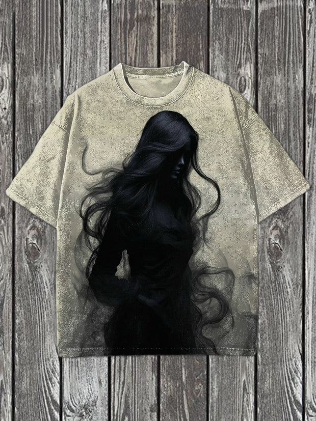 Unisex  Vintage Dark Hair Girl Printed Vintage Fashion Loose Short Sleeve T-Shirt