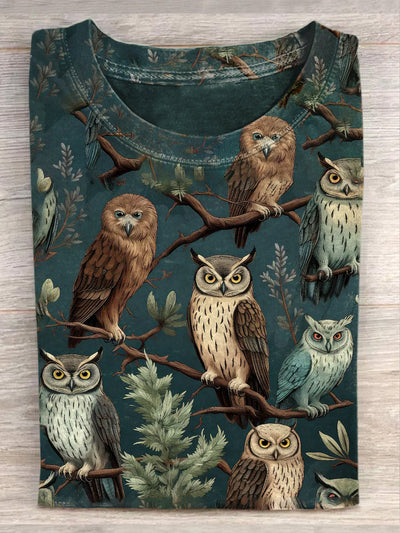 Unisex  Vintage Owl Flower Printed Vintage Fashion Loose Short Sleeve T-Shirt