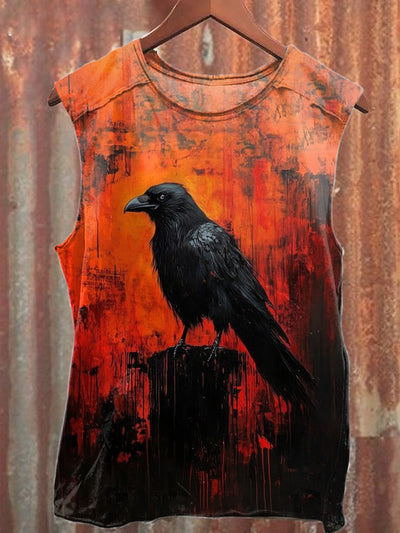 Unisex  Crow Print Casual Cotton Tank Top