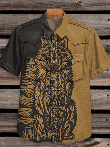 Unisex Vintage Western Crash Color Wolf Print Vintage Print Casual Cotton Shirt