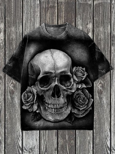 Unisex  Vintage Punk Skull Rose Printed Vintage Fashion Loose Short Sleeve T-Shirt