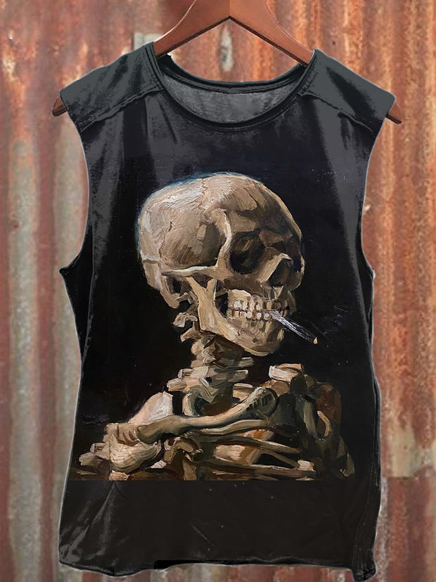 Unisex  Vintage Punk Skull Smoking Art Illustration Print Casual Cotton Tank Top