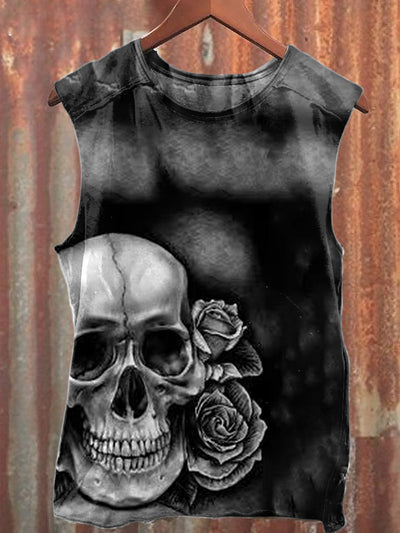 Unisex  Vintage Punk Skull Flower Art Illustration Print Casual Cotton Tank Top