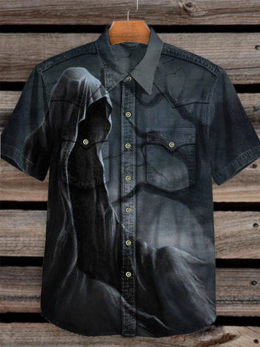 Unisex Vintage  Witch Abstract  Printed Vintage Fashion Lapel Loose Short Sleeve Shirt