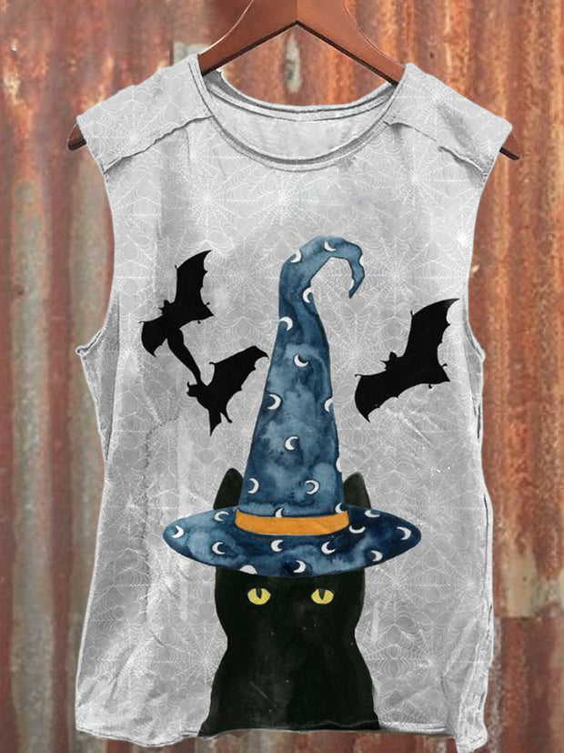 Unisex  Bat Black Cat Art Illustration Print Casual Cotton Tank Top