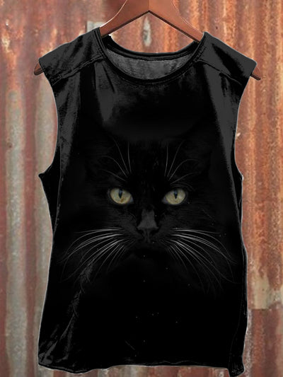 Unisex  Black Cat Art Illustration Print Casual Cotton Tank Top