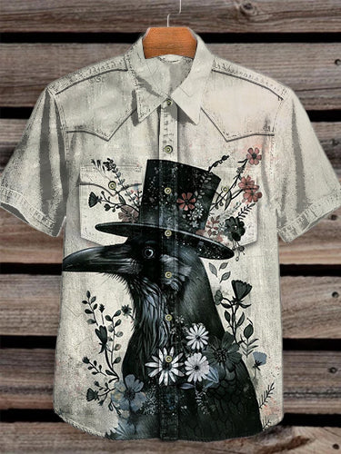 Unisex Vintage  Crow Flower Art Printed Vintage Fashion Lapel Loose Short Sleeve Shirt