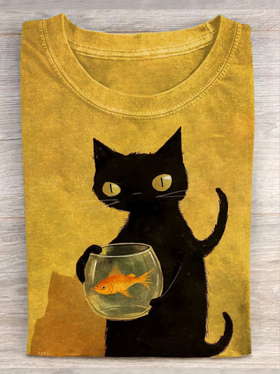 Unisex Cat Holding Goldfish Bowl Art Design T-Shirt